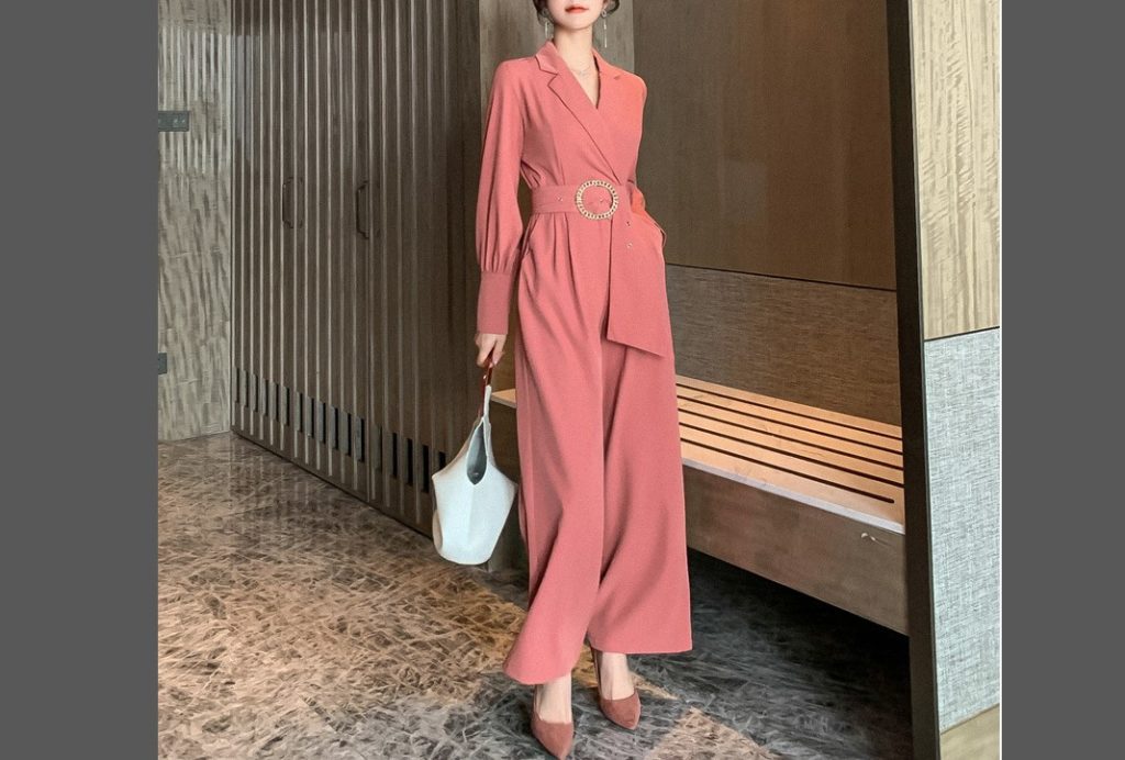 オレンジのカシュクールパーティードレスパンツ