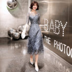 ランダムフェザーエクステ★5分袖ミモレ丈ドレス ME003