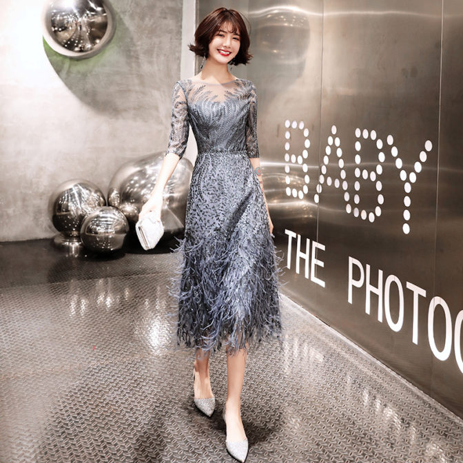 ランダムフェザーエクステ★5分袖ミモレ丈ドレス ME003