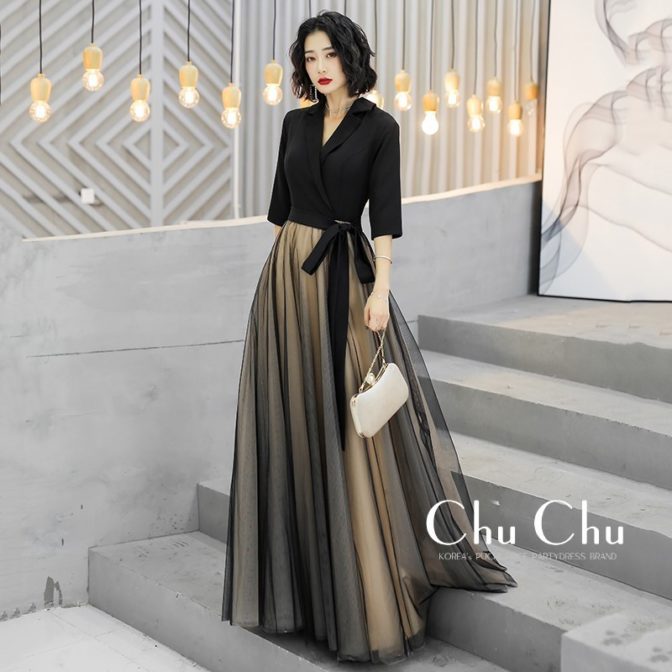 ジャケット風トップスのバイカラーエレガントロングドレス GR001