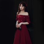 ビジュー装飾パフスリーブミディ丈ドレス MN003