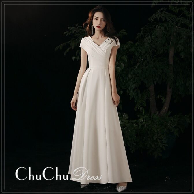 Xラインシンプルホワイトロングドレス PR004