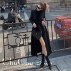 上質生地☆ブラックツイードロングコート XQ154