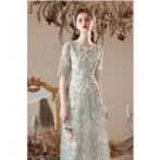 パーティードレス 5分袖 ミントグリーン ミディ丈ワンピース ME027