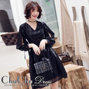 Vネック キラキラ☆ミディ丈パーティードレス キュート袖リボン ME019