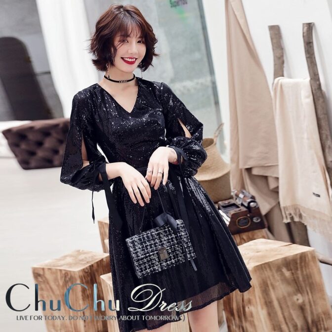 Vネック キラキラ☆ミディ丈パーティードレス キュート袖リボン ME019