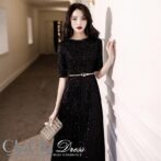 シンプル&ゴージャス 総ラメ装飾ブラックロングドレス 5分袖 ME032