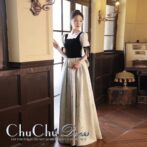 パフスリーブ☆バイカラーロングドレス 腰リボン プリンセス GR003