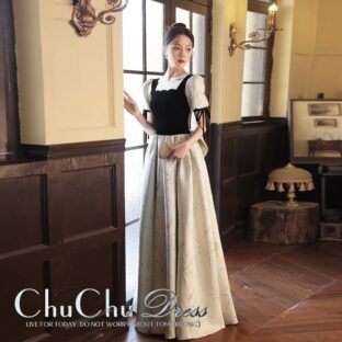 パフスリーブ☆バイカラーロングドレス 腰リボン プリンセス GR003