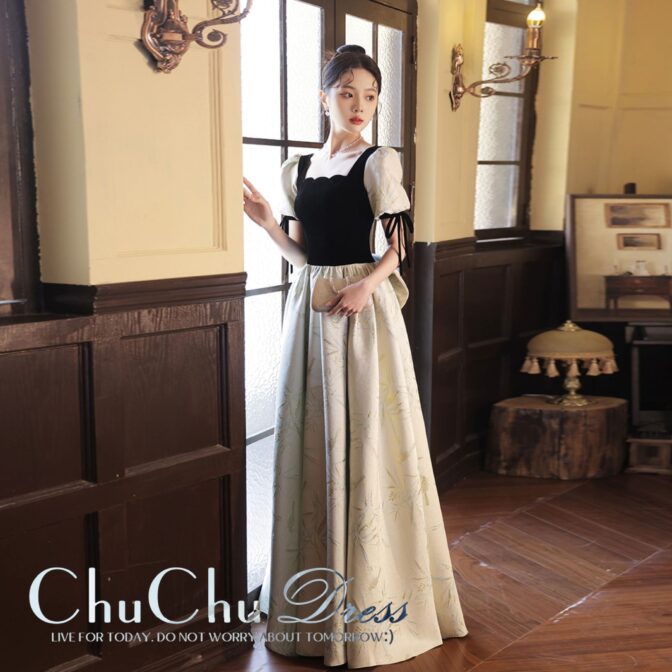 パフスリーブ☆バイカラーロングドレス 腰リボン プリンセス GR003