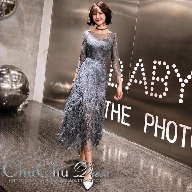 フェザー装飾 パーティードレス ラメ エレガントかわいい 全2色 ME030