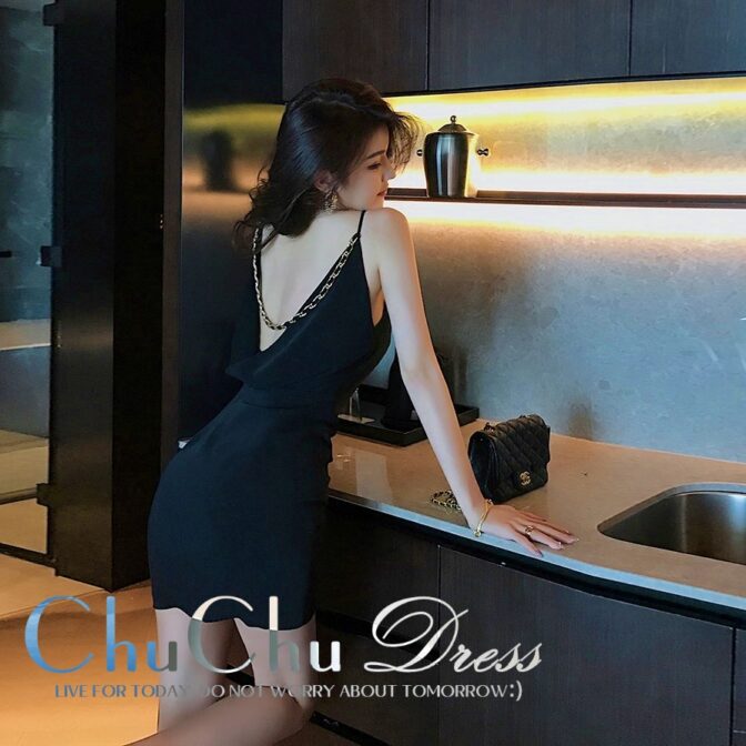 メタルバック装飾☆エレガントショートブラックドレス XQ135