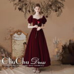 パール装飾☆大人ワインレッドベロアプリンセスロングドレス OJ026