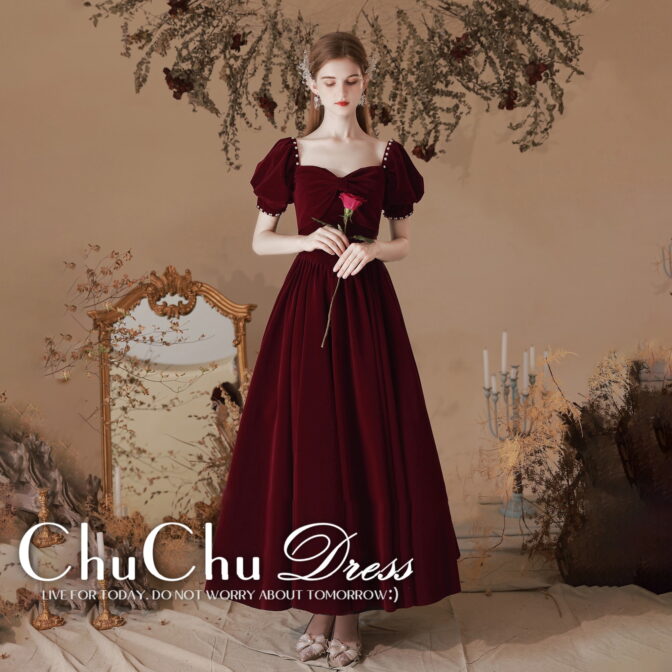 パール装飾☆大人ワインレッドベロアプリンセスロングドレス OJ026