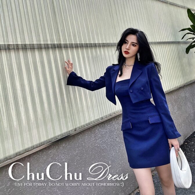 長袖ショートジャケット+ポケット付ワンピース2枚セット☆ネイビー XQ047