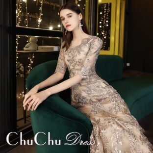 シャンパン★花柄総レース上品ミモレ丈ロングドレス ME021