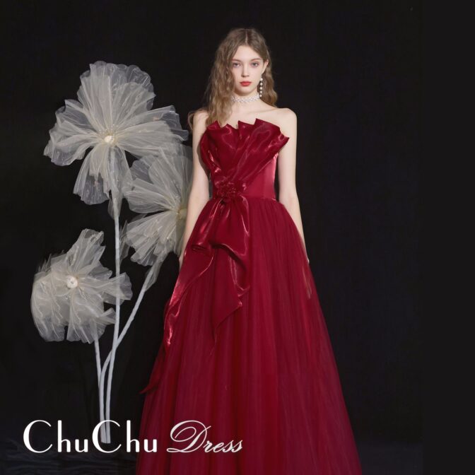 ビッグリボンデザイン☆ベアトップレッドロングドレス OJ011