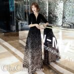 ラメグラデ★Ｖネック袖ありブラックロングドレス ME009