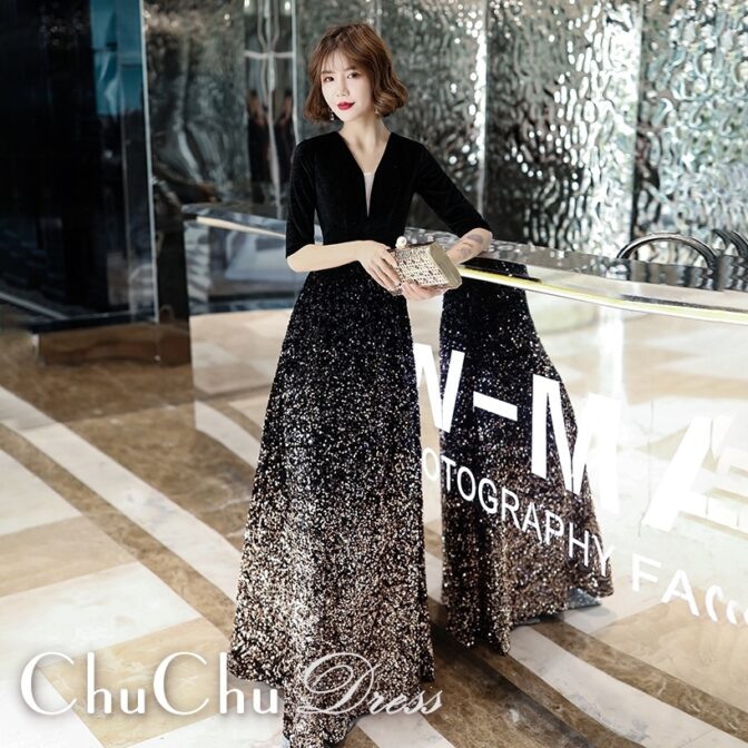 ラメグラデ★Ｖネック袖ありブラックロングドレス ME009