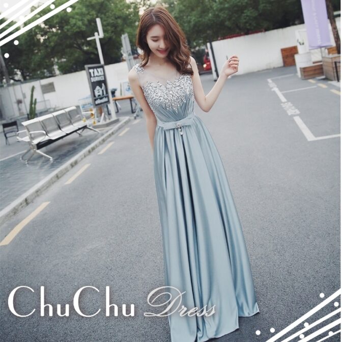 エレガント華やかビジュー装飾ノースリーブロングドレス(背中紐) XF002