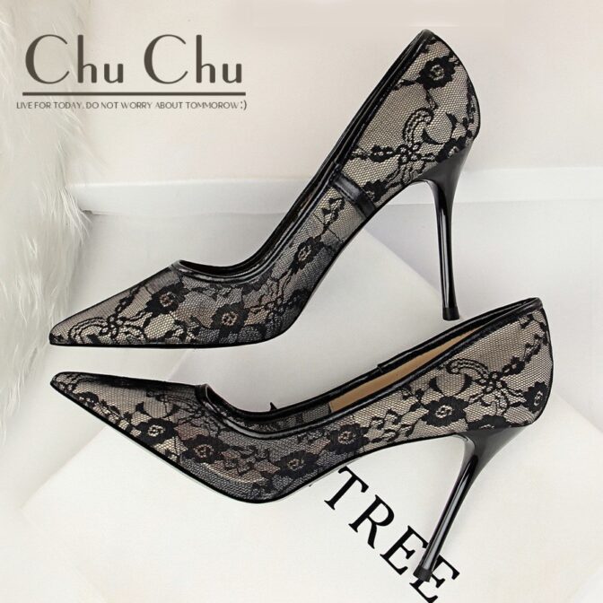 ハイヒール10cm パーティー&結婚式 レースメッシュ加工 BT001