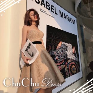 シャンパン★背中リボン着脱ベアトップおしゃれドレス XQ036