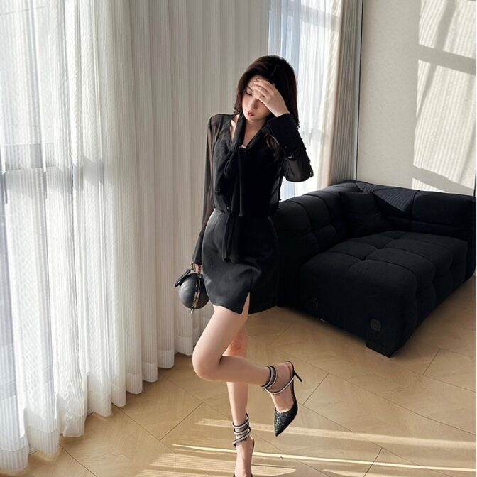 黒色 レース+シースルー長袖Vネックトップ ショート丈 パーティードレス 結婚式 お呼ばれワンピース XQ166