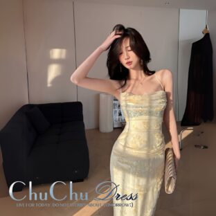 花柄刺繍レース☆イエローホワイト上品キャミロングドレス XQ177