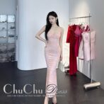 シンプルエレガント☆コーラルピンク花柄マーメイド風ロングドレス XQ192