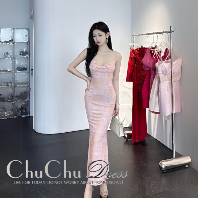 シンプルエレガント☆コーラルピンク花柄マーメイド風ロングドレス XQ192