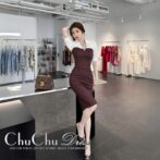 2ピース風デザイン☆バーガンディ色スリムフィットドレスワンピース XQ191