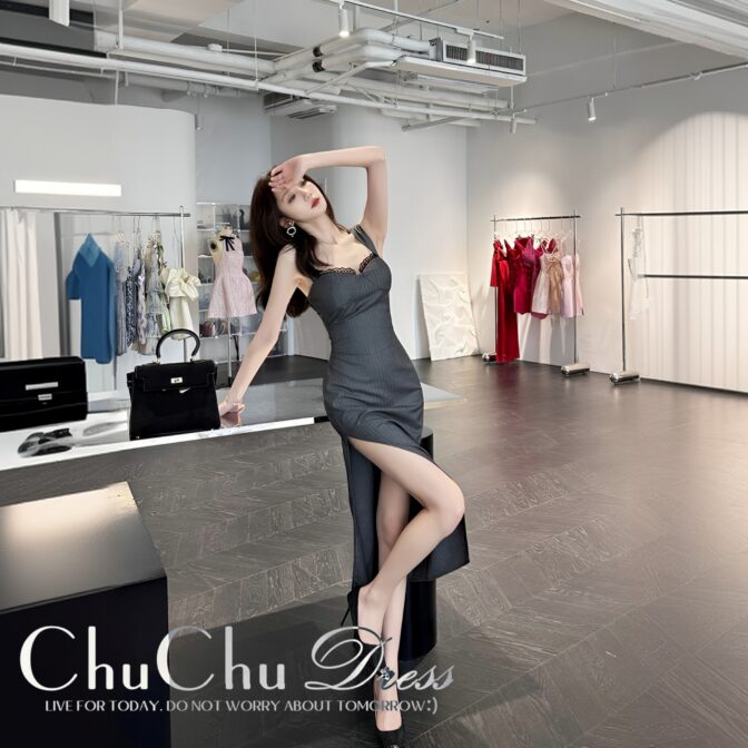 【エレガント】高級グレー☆ストライプ柄黒レース装飾キャミワンピースドレス XQ193