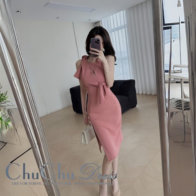 大人上品☆ピンクベージュ色リボンミディアム丈ドレス XQ186