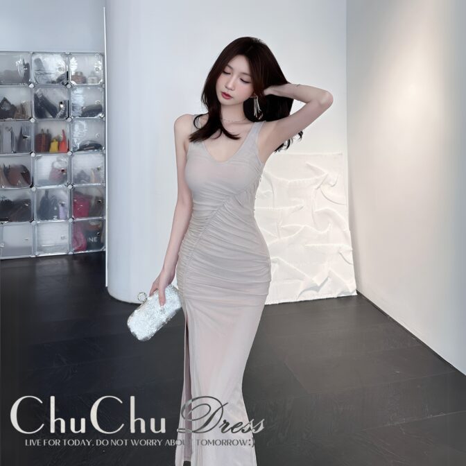 プリーツ加工☆無地おしゃれ美シルエットエレガントロングドレス XQ198