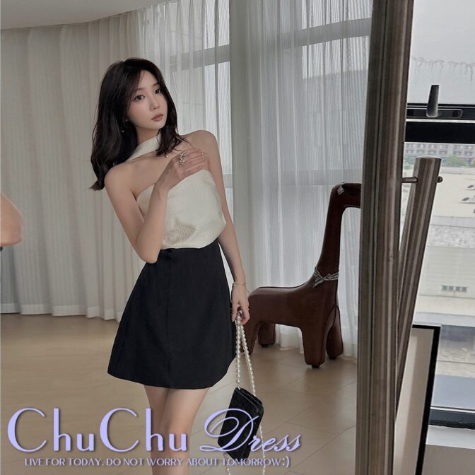 大人可愛い☆異素材ミックスホルターネックバイカラー上品お呼ばれドレス XQ176