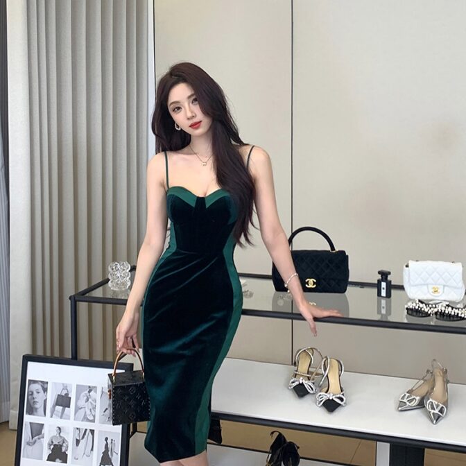 【高級感】ダークグリーン ベルベット コルセット風パーティードレス XQ168