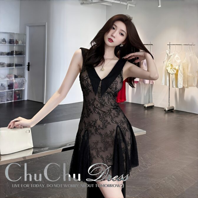 【パーティー/デート】襟付きブラックレース装飾エレガントパーティードレス XQ194