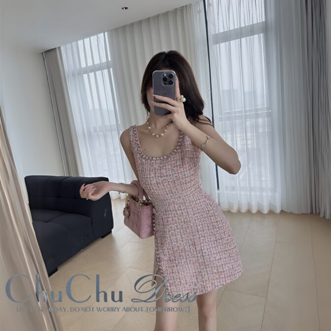 大人可愛い☆ビジュー装飾ピンクツイードワンピースドレス XQ185