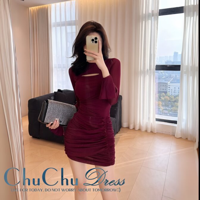 洗練エレガント☆プリーツ加工ベロアスリムフィットミニ丈ドレス XQ179