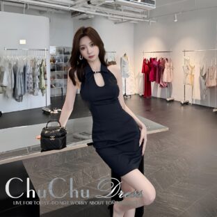 襟付きUネックデザイン☆ブラック黒色シンプルミディ丈ワンピースドレス XQ189